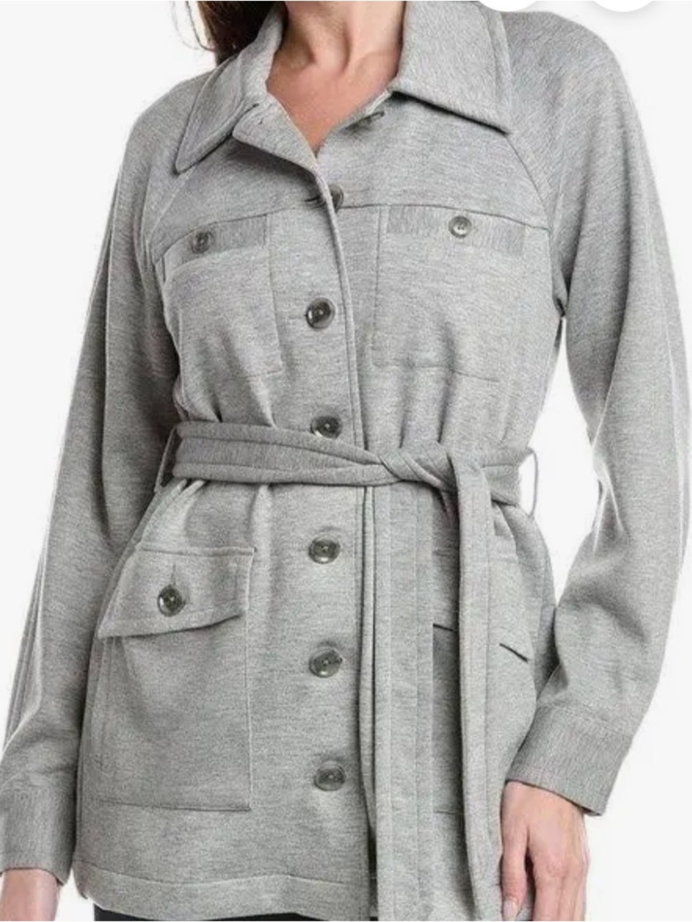 Cabi grab and go Light Gray Button-Front Belted Knit Jacket